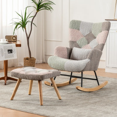 UK Local Rocking Chair, Fabric Relaxing Chair Wingback Accent Chair With Solid Wood Legs, Accent Armchair With Ottoman Single Sofa, Chair With Footstool And Pillow For Home Living Room Bedroom, Multicolour