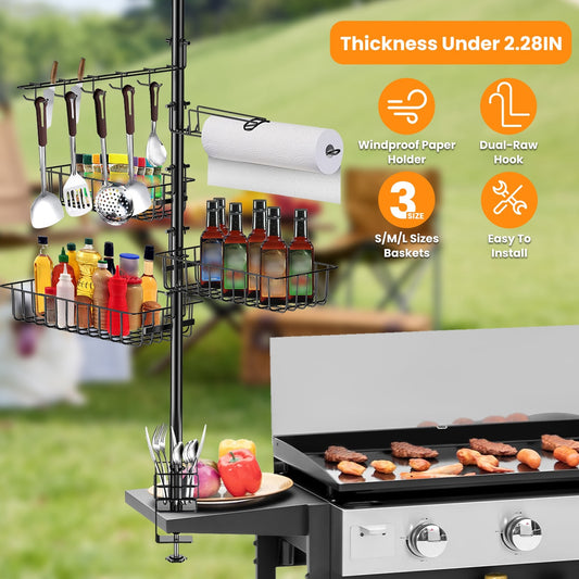 US Local 1Pc Griddle Caddy With Paper Towel Holder Hook Baskets BBQ Accessories Storage Rack Vertical Standing BBQ Organizer Grill Utensil Storage Fit For Blackstone Griddle