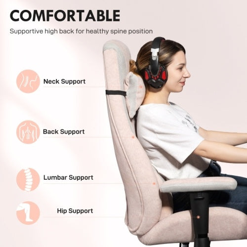 UK Local HOMCOM Fabric Gaming Chair With Lumbar Support, Headrest - Pale Pink