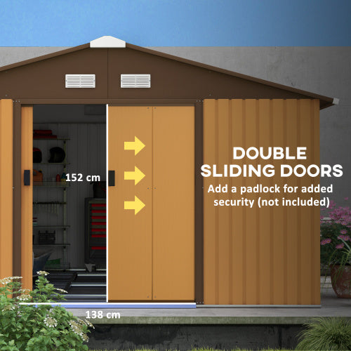 UK Local Outsunny 13 X 11ft Metal Garden Shed, Outdoor Storage Tool House With Ventilation Slots, Foundation Kit And Lockable Double Doors, Light Brown