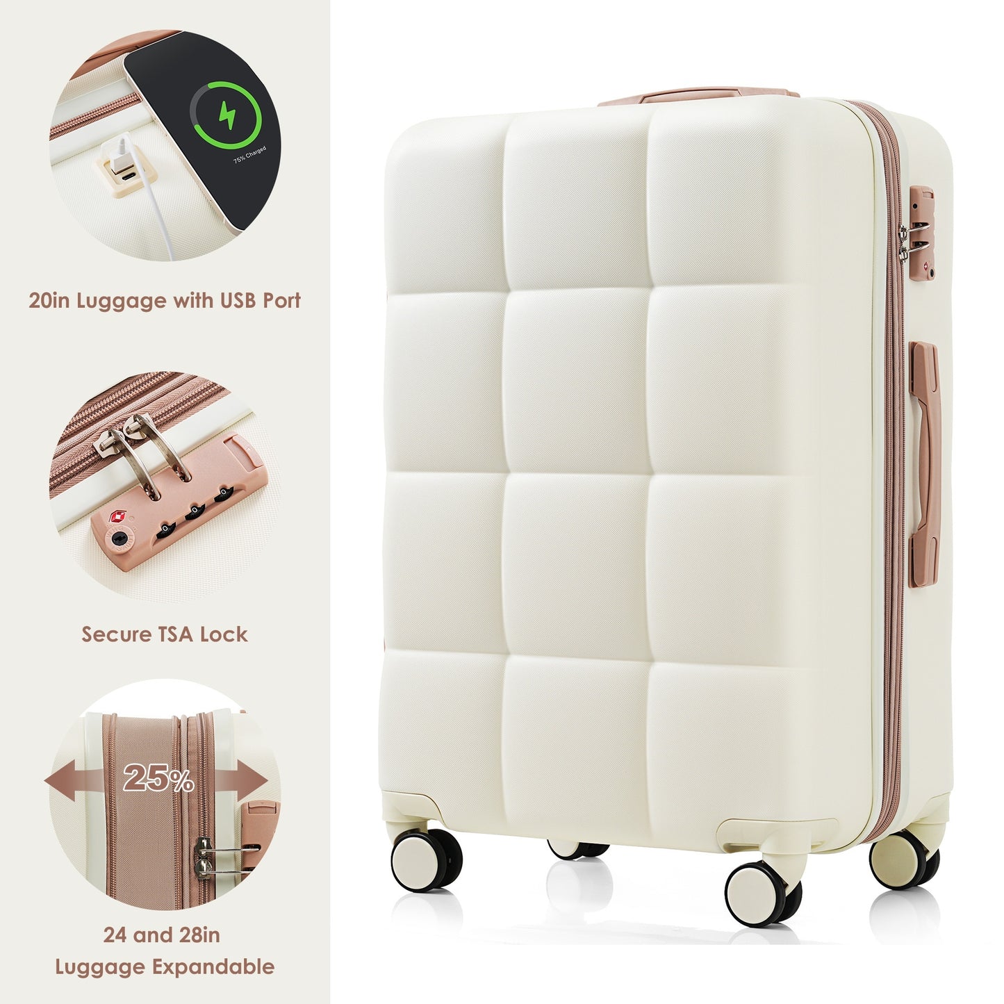 US Local 4-piece Suitcase Set With USB Port, Expandable ABS Durable Suitcase With Travel Bag, Cup Holder, With Spinner Wheels, Beige