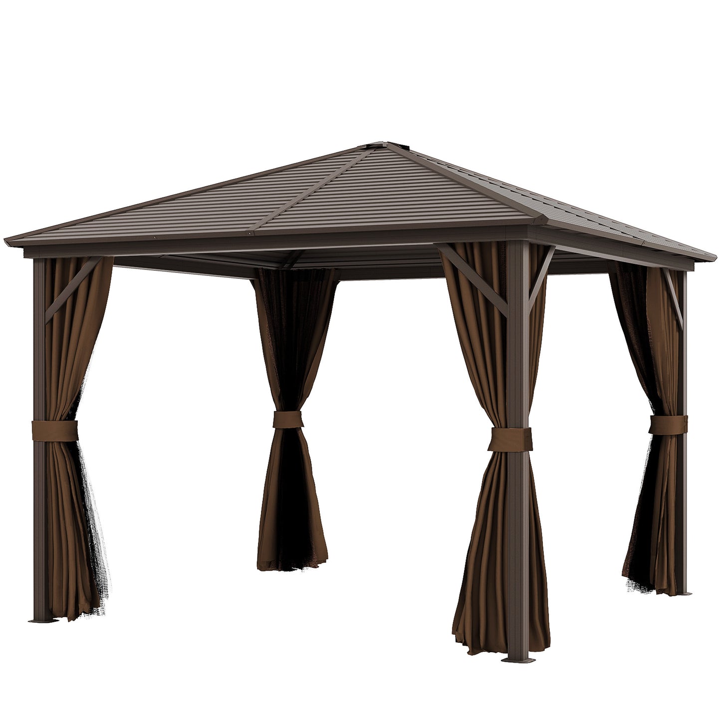 US Local 10x10 Hardtop Gazebo Canopy, Permanent Pavilion With Hook, Curtains, Aluminum Frame For Patio, Garden, Dark Brown