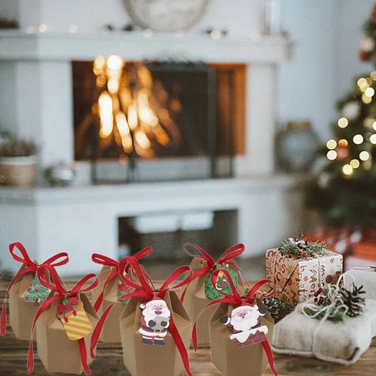 US Local 24 Pcs Christmas Gift Boxes With Ribbon And Cards Cartoon Santa Claus Reindeer Snowman Pattern Box Paper Cookies Candy Treat Boxes For Christmas Party Favor Supplies