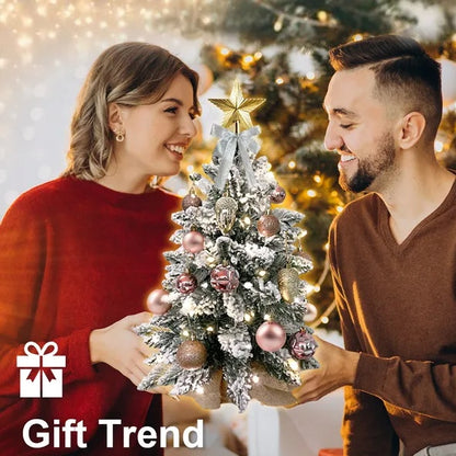 US Local 22in Tabletop Christmas Tree With Light Artificial Small Mini Red Christmas Decoration With Flocked Snow, Exquisite Decor & Xmas Ornaments For Table Top For Home & Office, Red