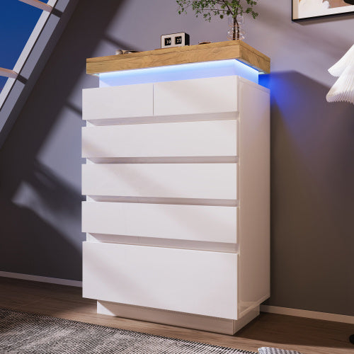 UK Local Chest Of Drawers,High-gloss Sideboard Cabinet With 6 Drawers,Storage With RGB LED App-controlled,Multi-purpose Cabinet For Living Room And Bedroom, 115 X 73 X 39 Cm, White
