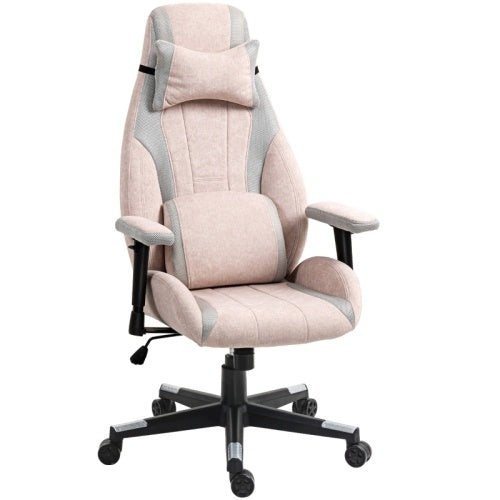 UK Local HOMCOM Fabric Gaming Chair With Lumbar Support, Headrest - Pale Pink