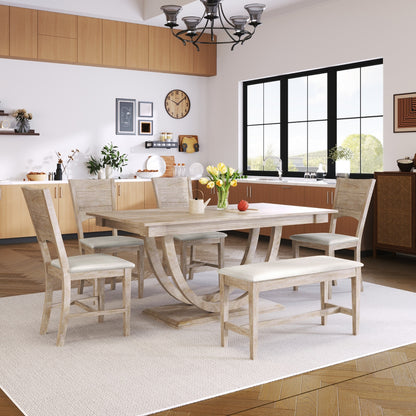 US Local TOPMAX 6-Piece Wood Half Round Dining Table Set With Long Bench & 4 Chairs