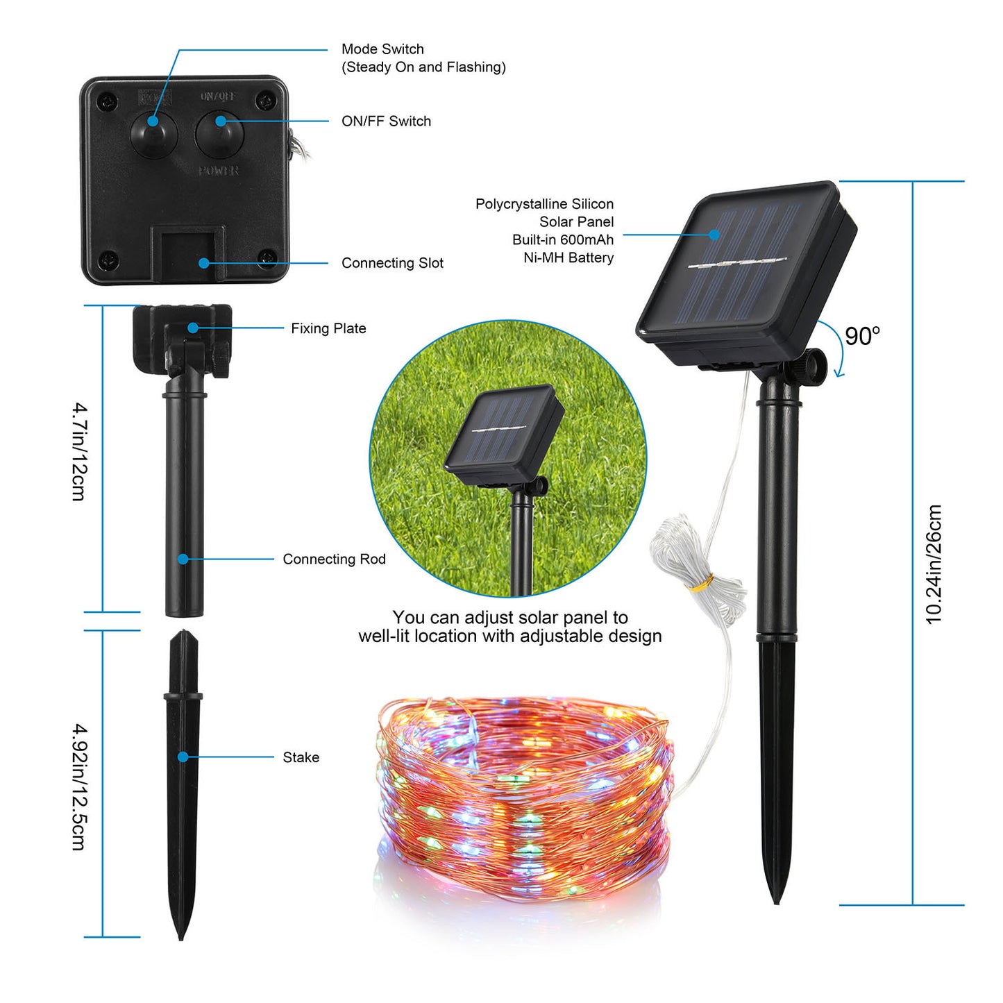 US Local 2 Light Color Options -- 1Pc Solar String Light Outdoor IP65 Waterproof Copper Wire String Lights Solar LED Fairy Lamps Wedding Party Festival