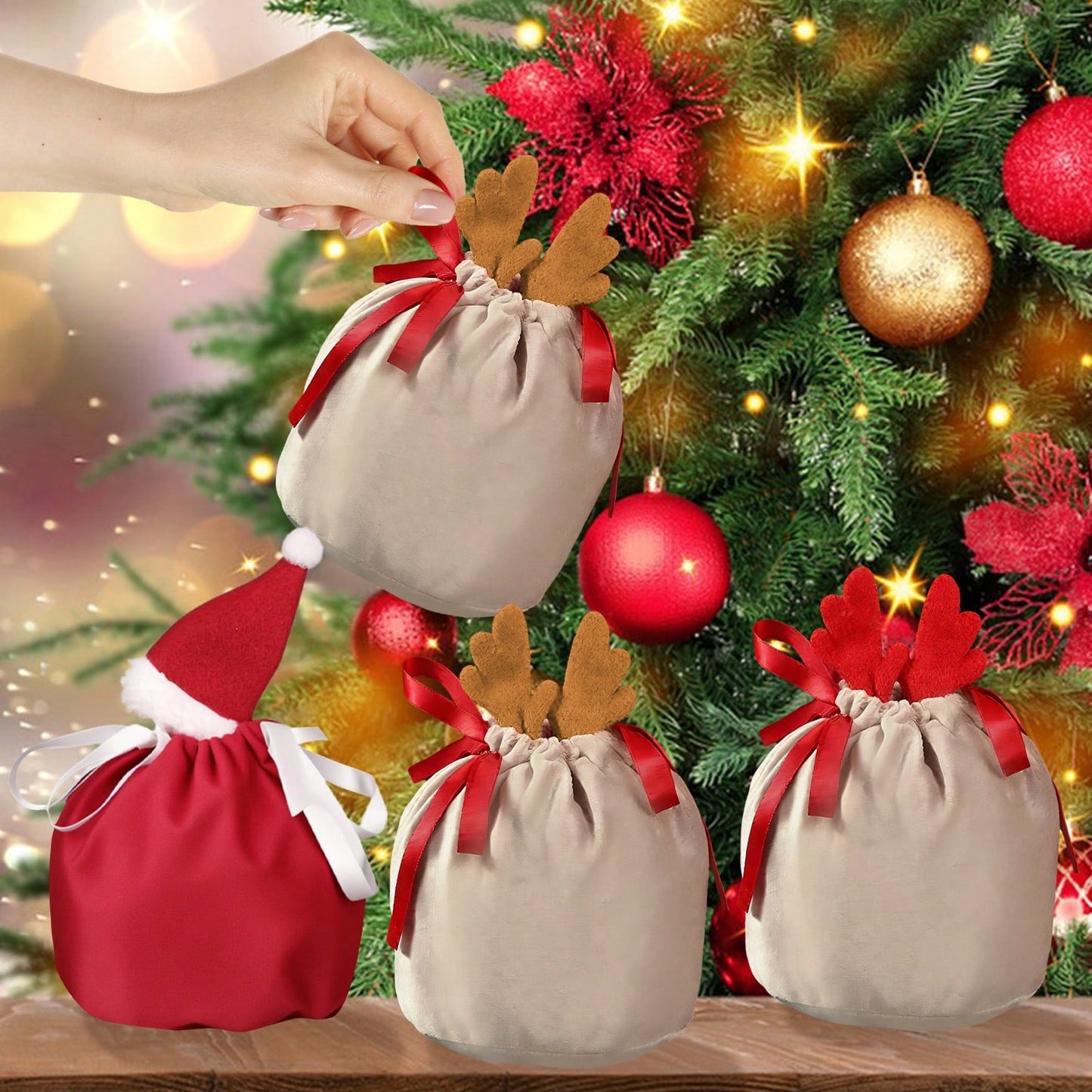 US Local Set Of 5 Christmas Velvet Drawstring Gift Bags With Reindeer Antler Design. Suitable For Organizing Jewelry Or Candy. Santa Gift Bags, Perfect For Holidays, Weddings, And Birthday Party Favors.