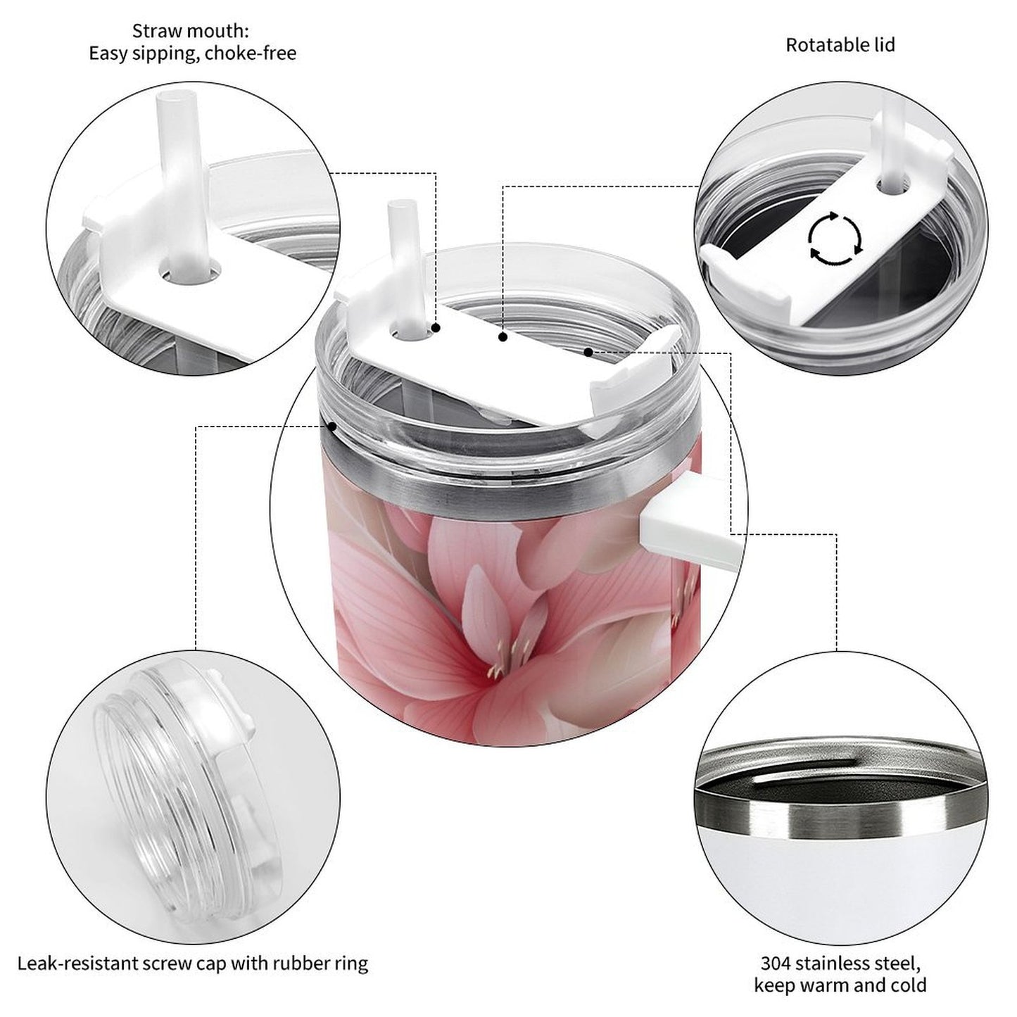 PHDT00131 POD US Local Tumbler 40 oz Large Capacity Car Cup 3D Pink Flowers