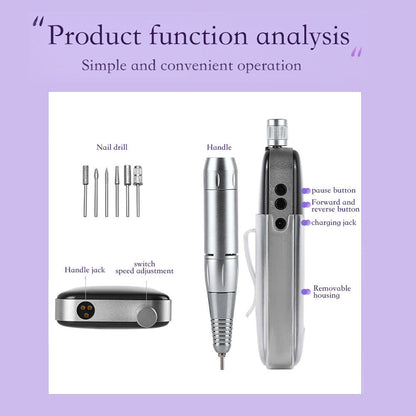 US Local Professional Electric Nail Drill, 45000 RPM Cordless Rechargeable E-File Machine, With 12 Bits, Sanding Bands, LCD Display For Acrylic Gel Nails