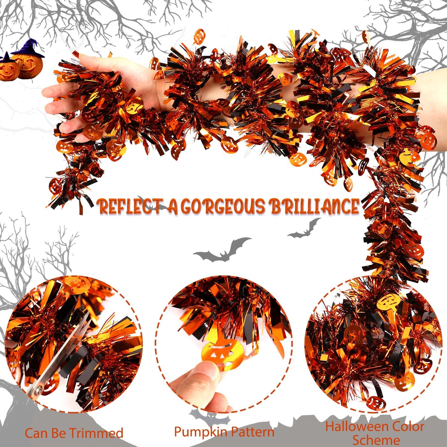 US Local 3 Pcs Halloween Decorations, Orange Metallic Tinsel Twist, 19.7 Feet