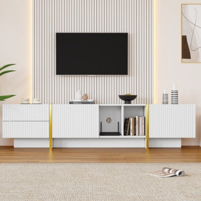 UK Local TV Stand For 85inch TV, Entertainment Center With Storage Cabinet And Open Shelves, Embossed Pattern TV Stand, TV Cabinet And Media Console For Living Room, Bedroom, White