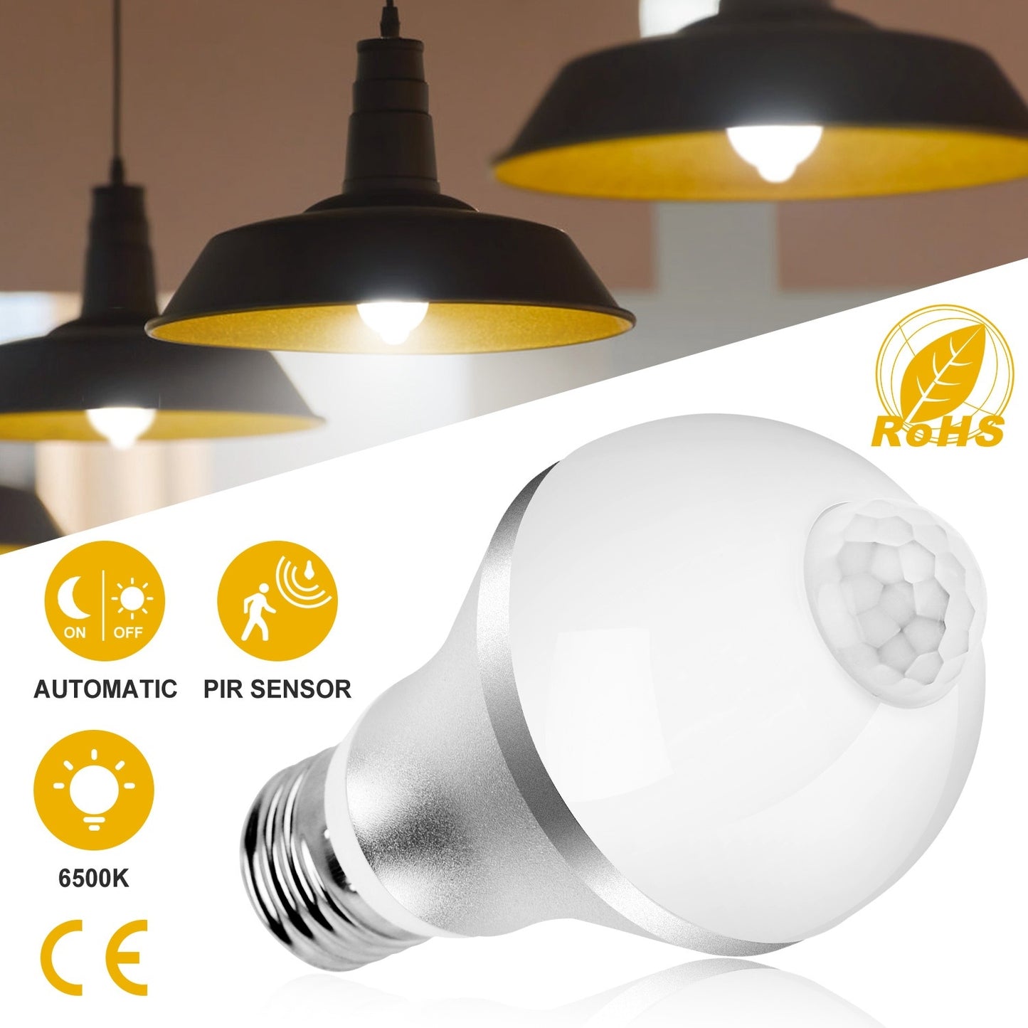 US Local E27 Motion Sensor Light Bulb 9W 6500K Dusk To Dawn Automatic On-Off LED Light Bulb Indoor Outdoor Use