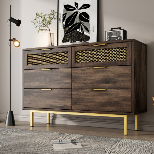 UK Local Sideboard Cabinet Dresser With 6 Drawers, Metal Handles Dresser, Multipurpose Cabinet For Hallway, Bedroom, Living Room, And Children's Room.120 X 40 X 76 Cm, Dark Brown