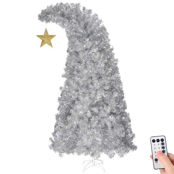 US Local 6 FT Bent Top Pre-lit Christmas Tree With Golden Star, Hinged Artificial Xmas Tree With 300 Lights, 900 Branch Tips And Remote Control For Holiday Party Store Office Home, Silver