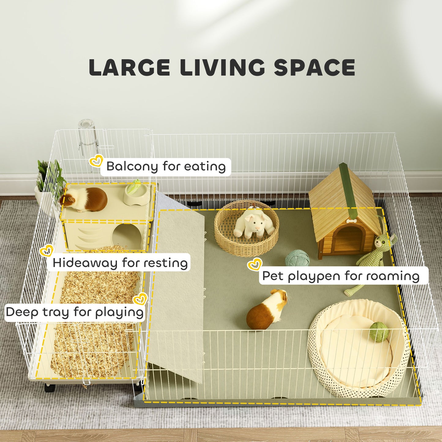 US Local Small Animal Cage With Removable Pet Playpen, Guinea Pig Cage With Waterproof Pad, Hay Feeder, Water Bottle, Food Dish