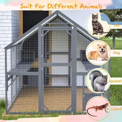 US Local Extra Spacious Catio Outdoor Cat Haven, 110 Inch Luxury Cattery With Weather-Resistant Roof, Cat Climbing Ramp, Space Pod Bed, 2 Lounging Huts