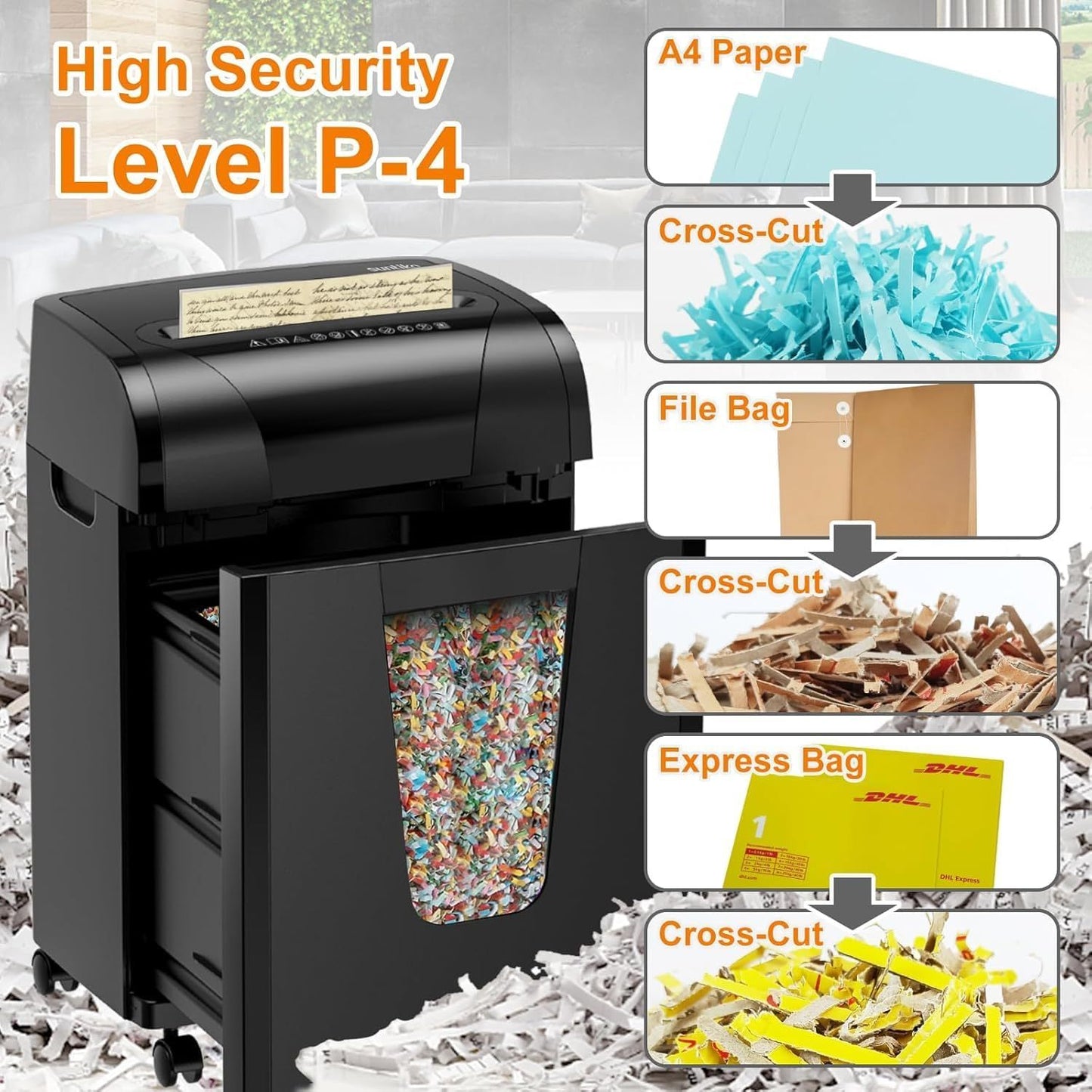 US Local Woolsche Paper Shredder,18 Sheet Cross Cut Level P4,Shred Paper,Credit Card,CD,With Large Pull Out Bin,Insert Auto Jam Proof System Shredder For Home&Office