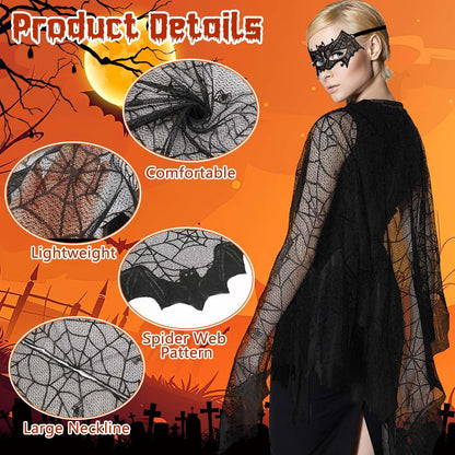 US Local 2 Pcs Halloween Poncho For Women Black Bat Spider Web Poncho And Lace Mask Masquerade Mask Halloween Party Cosplay Costume Accessory Day Of The Dead Costume