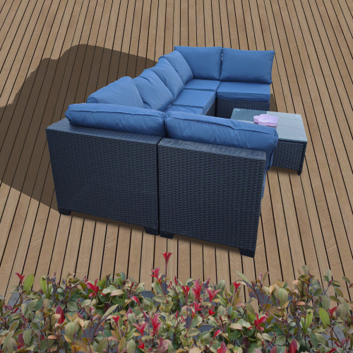 US Local Seven-Piece Sofa Set Table With Sofa Chair Black PE Rattan Outdoor Furniture 7-JH001 Box 3-1-2-3 With Blue Color Cushion