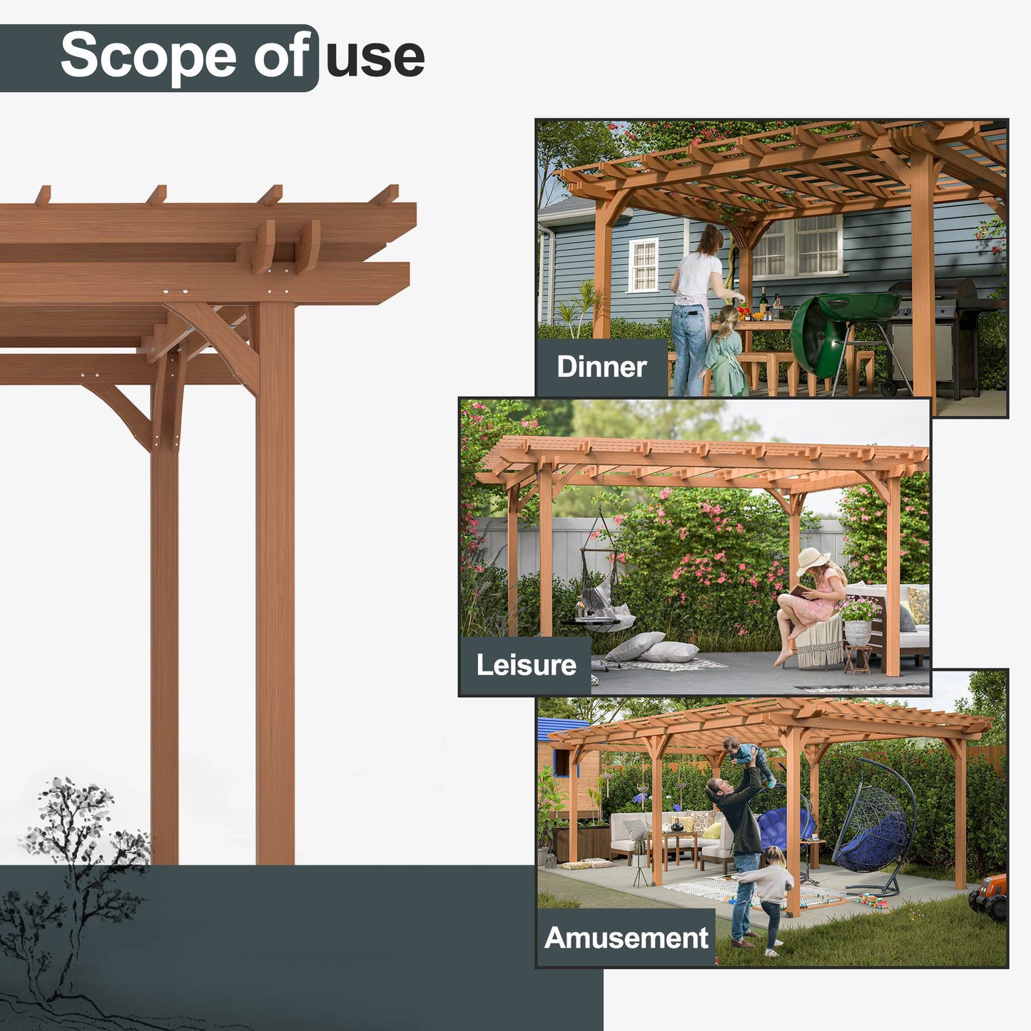 US Local Outdoor Wood Pergola, Wooden Patio Pergola Gazebo For Climbing Plant Support, Garden,Brown