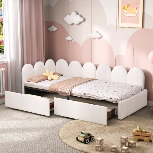 UK Local 3ft Single Daybed With Two Storage Drawers, Modern Youth Bed Frame With Wooden Slats, Velvet Sofa Bed For Living Room Bedroom Study Room, 90X190cm, Easy Assembly, Cream White