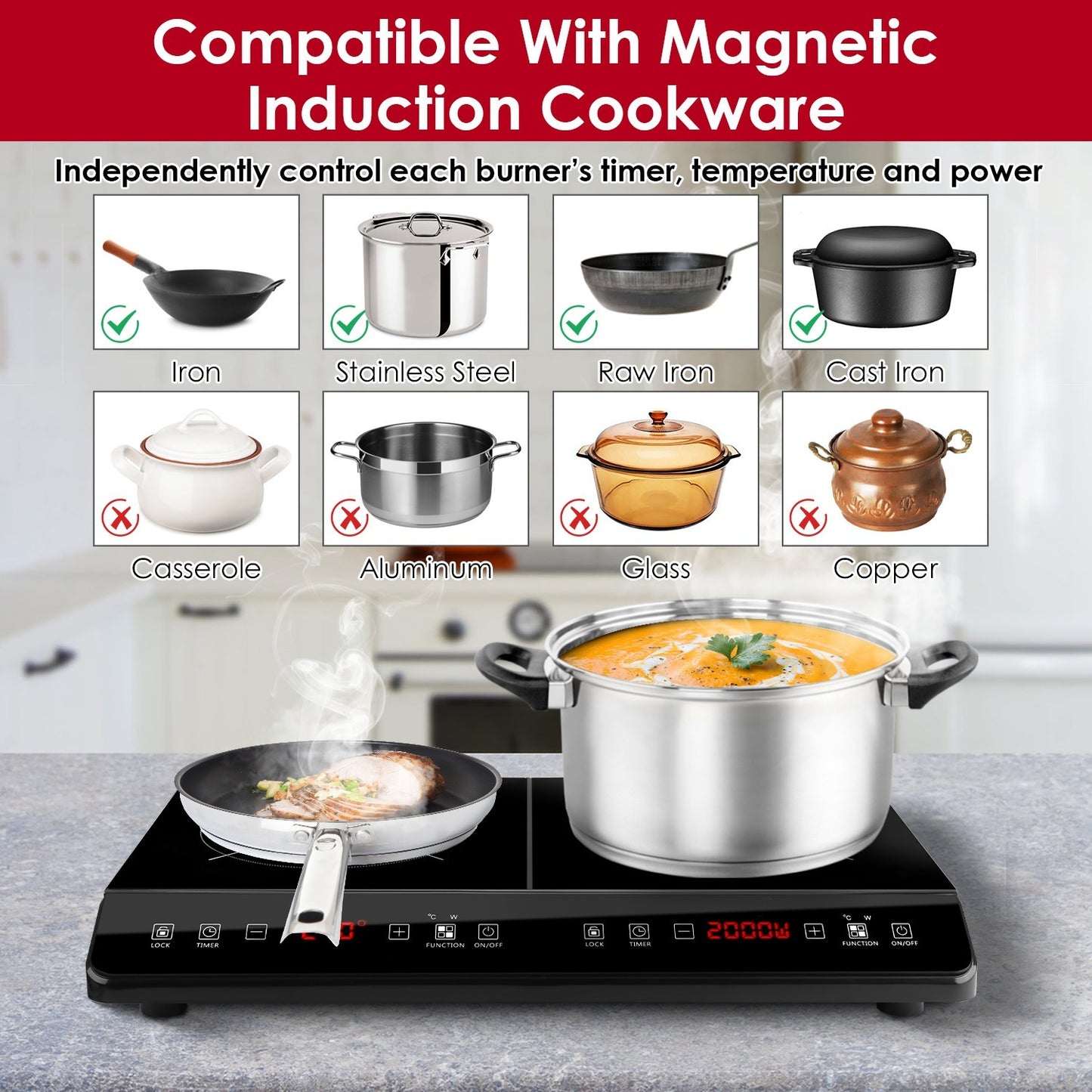 US Local 1Pc 4000W Induction Cooktop Portable Double Induction Cooker Electric Dual Burner Stove Countertop Hot Plate With 9 Power 9 Temperature 3H Timer