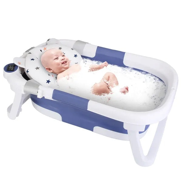 US Local Baby Bath Tub With Thermometer Collapsible Travel-Friendly 0-24Months Baby Bathtub