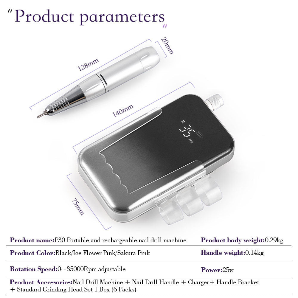 US Local Professional Electric Nail Drill, 45000 RPM Cordless Rechargeable E-File Machine, With 12 Bits, Sanding Bands, LCD Display For Acrylic Gel Nails