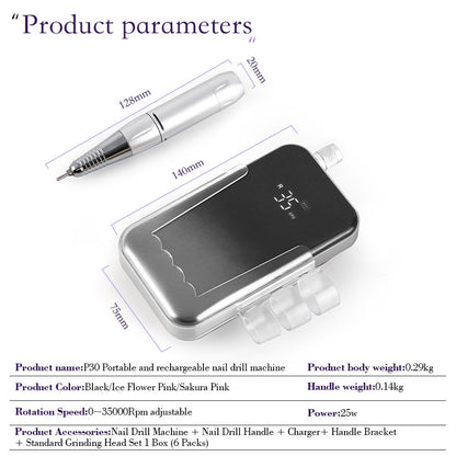 US Local Professional Electric Nail Drill, 45000 RPM Cordless Rechargeable E-File Machine, With 12 Bits, Sanding Bands, LCD Display For Acrylic Gel Nails