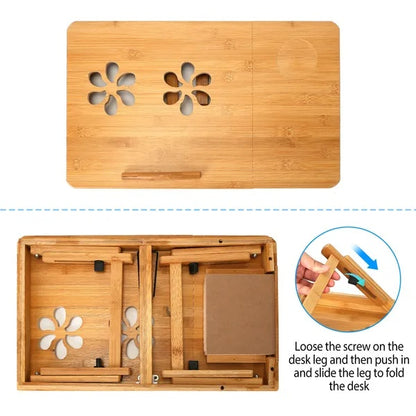 US Local Bamboo Laptop Desk Breakfast Serving Bed Tray Foldable Leg Multi-Position Adjustable Tilt Surface Bed Lap Tray
