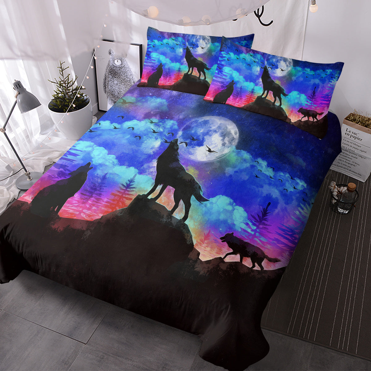 US & UK Local Moon Wolf Duvet Cover Set Single 3pcs Colorful Microfiber Kids Bedding Set