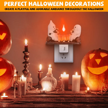 US Local 2 Pcs Ghost Campfire Flickering Flame Night Light Indoor 3D Funny Halloween Nightlight Decoration Bedroom Night Light Halloween Decoration Gift For Friend Family