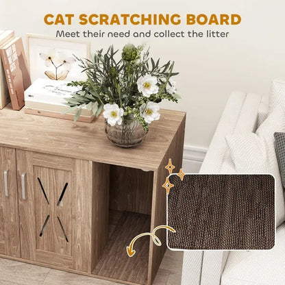 US Local Cat Litter Box Enclosure With Scratching Board, Cat Washroom End Side Table, 31.5 X 19 X 20 Inch, Walnut Brown