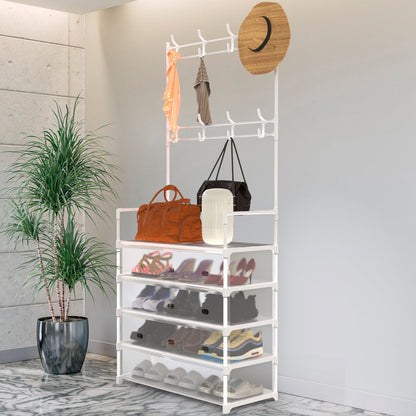 US Local 5 Tier Shoe Rack With Coat Rack For Front Door Bedroom Entrance - White