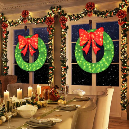 Pre-Lit Christmas Wreath - 200 LED Lights  Warm White Red , Large Bow , IP44 Weatherproof For Indoor Outdoor