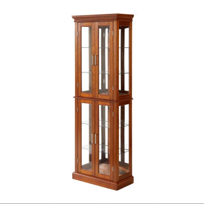 US Local Curio Cabinet Lighted Curio Diapaly Cabinet With Adjustable Shelves And Mirrored Back Panel, Tempered Glass Doors