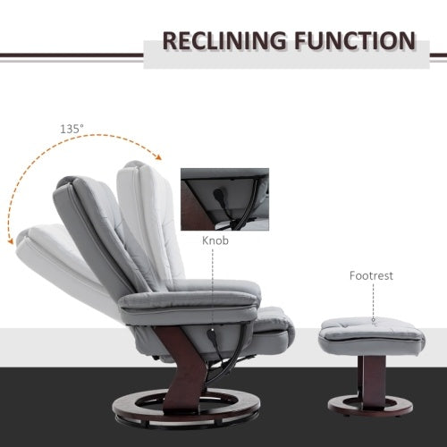 UK Local HOMCOM Recliner Chair With Footstool, Recliner Armchair Up To 130kg Weight Capacity, 135 Reclining Swivel Sofa Chair, PU Leather Ergonomic Couch Bed With Swivel Wood Base For Living Room, Grey