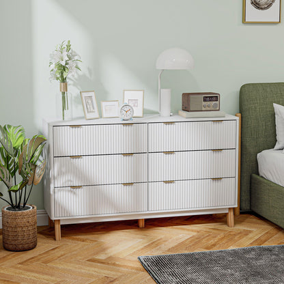 US Local 6 Drawer Double Dresser For Bedroom, Fluted Chest Of Drawers With Gold Finger Pulls And 5 Wood Legs, White