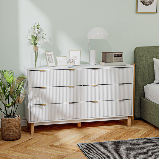 US Local 6 Drawer Double Dresser For Bedroom, Fluted Chest Of Drawers With Gold Finger Pulls And 5 Wood Legs, White