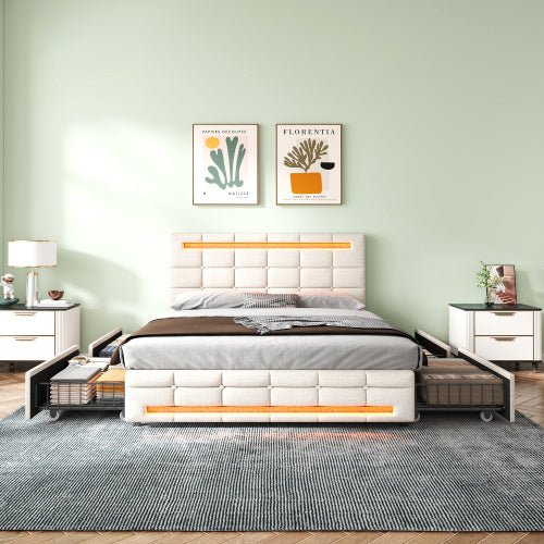UK Local 4ft6 Double Upholstered Bed With LED Lighting And Storage Drawers, Linen Fabric Storage Bed Frame With Adjustable Button Tufted Headboard, No Box Spring Needed, Easy Assembly, Beige