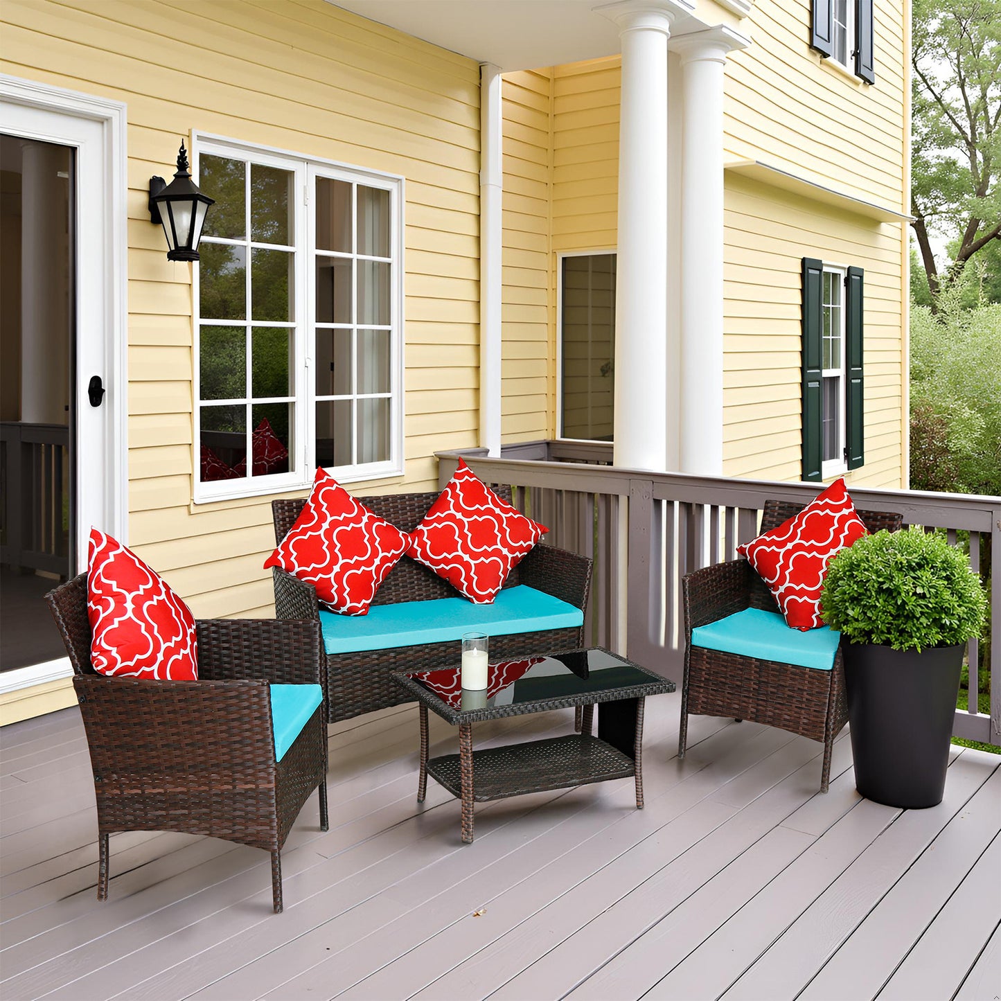 US Local New Design High Quality Four-Piece Sofa Set Table With Sofa Chair PE Rattan Outdoor Furniture W3152P269438 Box 1 With Emerald Green Color Cushion