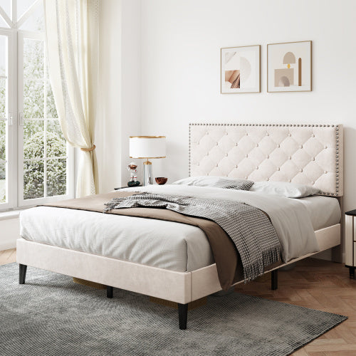 UK Local 4ft6 Double Upholstered Velvet Bed Frame, With Adjustable Button-Tufted  Riveted Headboard, Velvet Platform Bed Frame With Solid Wood Slat And Mute Foam, No Box Spring Needed, Easy Assembly, Beige