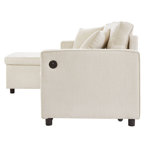UK Local L-Shaped Pull Out Sleep Sofabed, Modern Reversible Sleeper Sectional Sofa, 3 In 1 Convertible Sofa Bed With Storage Chaise, Drop-Down Table, Cup Holders And Charging Ports