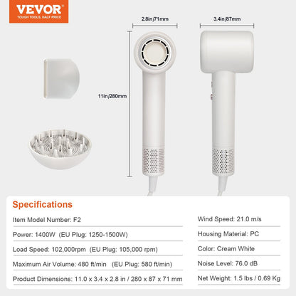 US Local VEVOR High-Speed Hair Dryer With 102,000RPM Brushless Motor, 200 Million Negative Ions Hair Blow Dryer, 3-Color Temp LED Lights & 2 Speeds, Lightweight Hairdryer With Diffuser & Nozzle For Home Travel