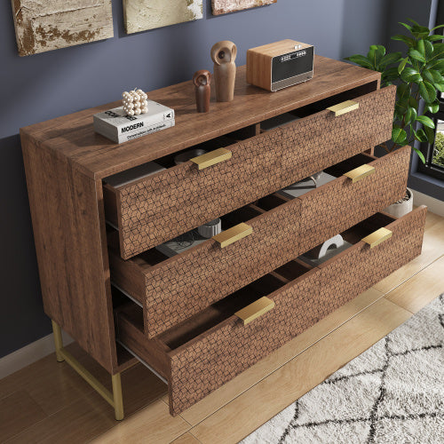 UK Local Embossed Design Sideboard Cabinet Dresser With 6 Drawers, Anti-tip, Sideboard For Living Room, Hallway, Bedroom, And Children's Room, 120 X 40 X 75 Cm, Walnut