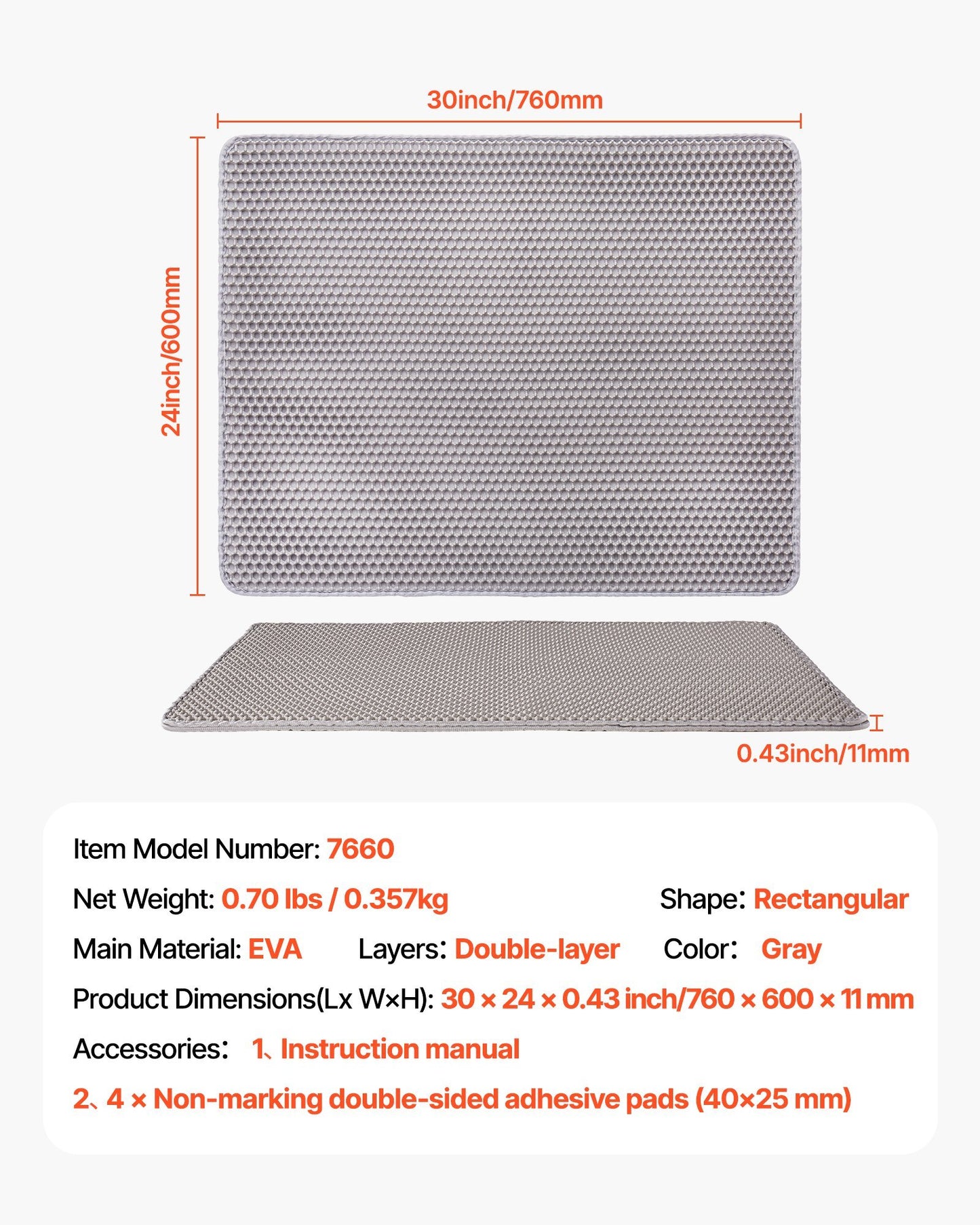 US Local Cat Litter Trapping Mat 30 X 24 In Double Layer Honeycomb Non-Slip & Urine-Proof