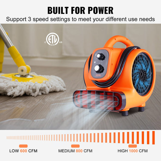 US Local VEVOR Floor Blower, 1000 CFM Air Mover For Drying And Cooling, Portable Carpet Dryer Fan With 4 Blowing Angles And Time Function, For Janitorial, Home, Commercial, Industrial Use, ETL Listed