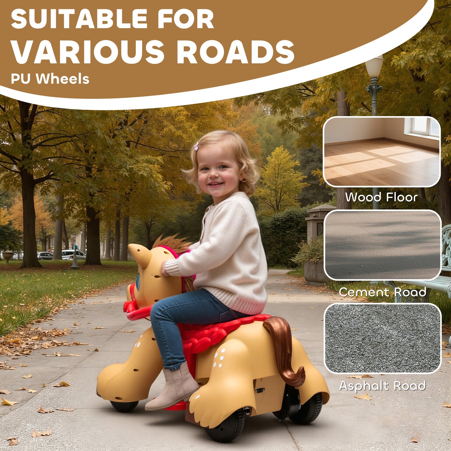 US Local Ride On Horse Toy, 12V Battery Powered Ride on Toy with Carrot Toy, Comb and Sound, Electric Rocking Horse for Toddlers